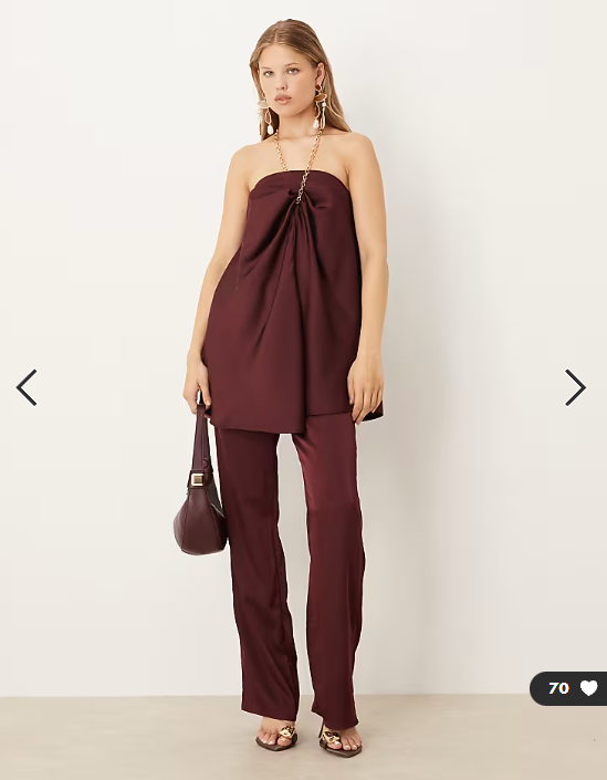 ASOS DESIGN gold chain halter neck satin top & tailored straight trousers - co-ord in plum SET