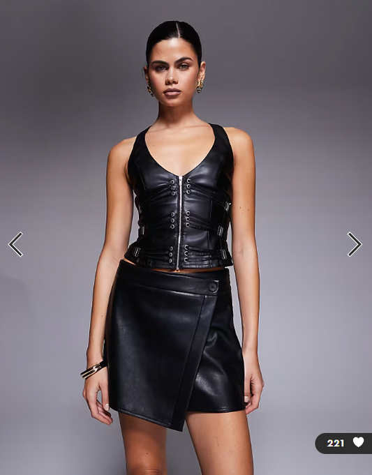 I.AM.GIA Sibari faux leather plunge neck strappy buckle detail racerback corset top in black