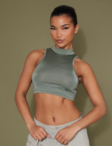 MOSS KHAKI RECYCLED SLINKY HIGH NECK CROP