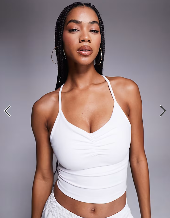 4505 soft touch ruched front yoga cami with inner bra in white