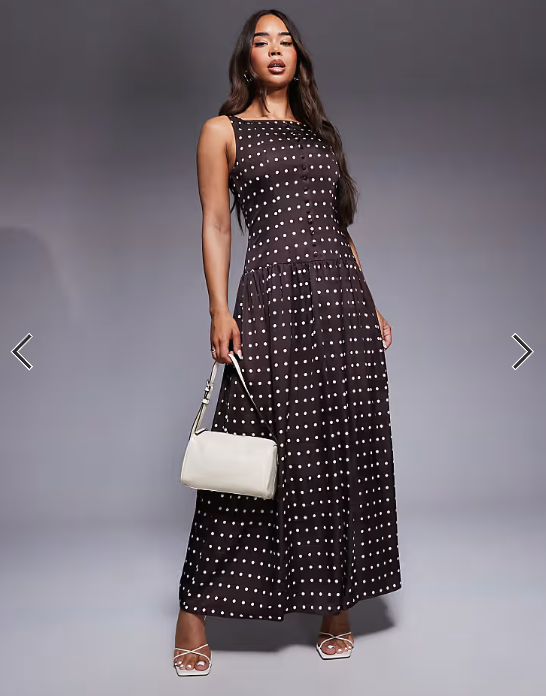 Kaiia exclusive satin high square neck button through drop waist maxi dress in chocolate polka dot