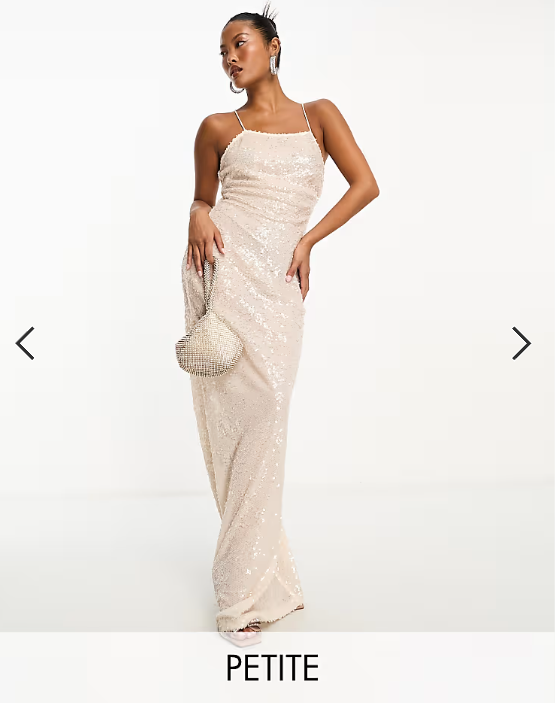 4th & Reckless Petite exclusive sequin square neck low cross back maxi dress in cream