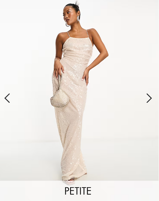 4th & Reckless Petite exclusive sequin square neck low cross back maxi dress in cream