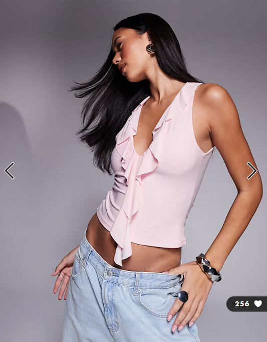 ASOS DESIGN plunge ruffle neckline racer back top in baby pink