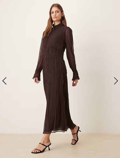 Mango high neck long sleeve chiffon tiered maxi dress in chocolate brown