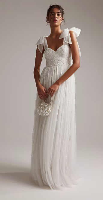 ASOS DESIGN Mila floral embellished mesh wedding dress with tie straps in