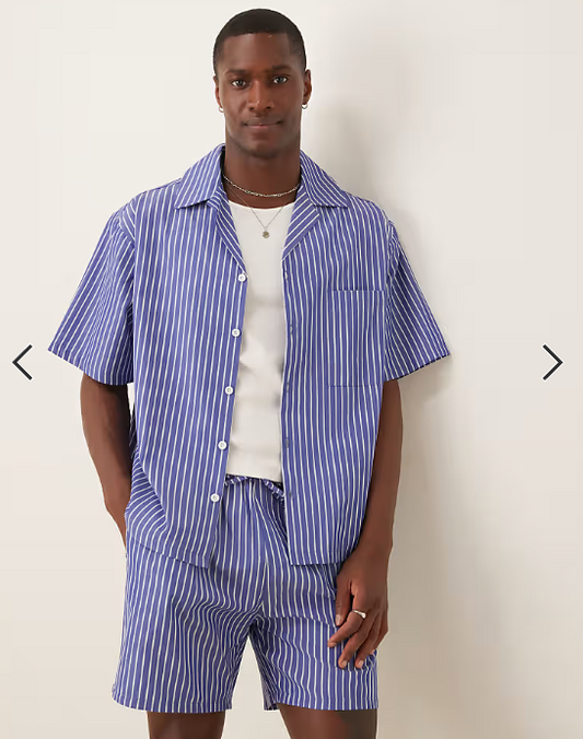 ASOS DESIGN co-ord boxy oversized revere stripe shirt in blue
