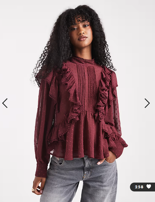 ASOS DESIGN ruffle and embroidery detail long sleeve blouse in burgundy