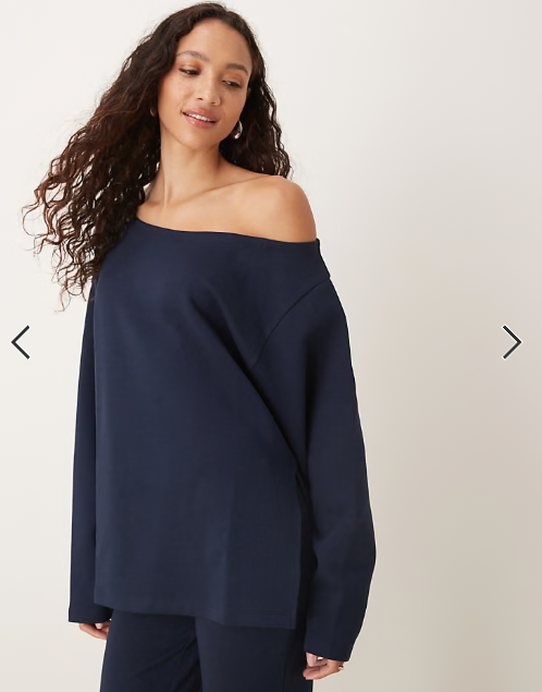 ASOS DESIGN oversized off shoulder interlock sweatshirt in navy