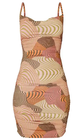 Brown Geometric Swirl Slinky Cowl Neck Ruched Bodycon Dress