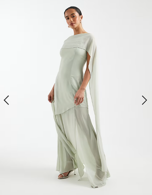 TFNC Petite Bridesmaid chiffon sheer skirt scarf detail maxi dress in sage green