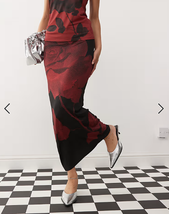 COLLUSION low rise maxi skirt with red bloom print co-ord