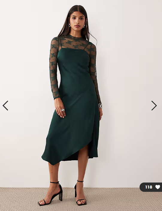 YAS hybrid high neck lace top and satin slip dress in dark green