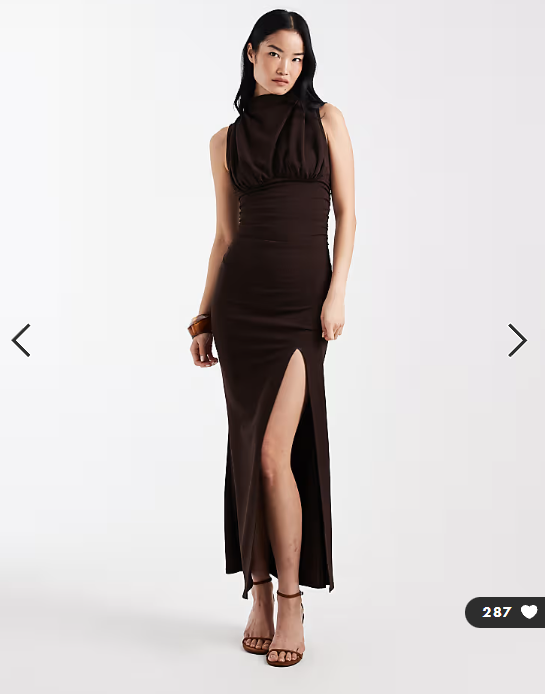 ASOS DESIGN ruched bodice maxi dress with grown on neck in chocolate