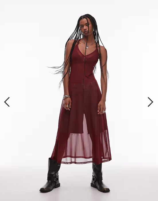 ASOS DESIGN sheer mesh maxi slip dress in burgundy