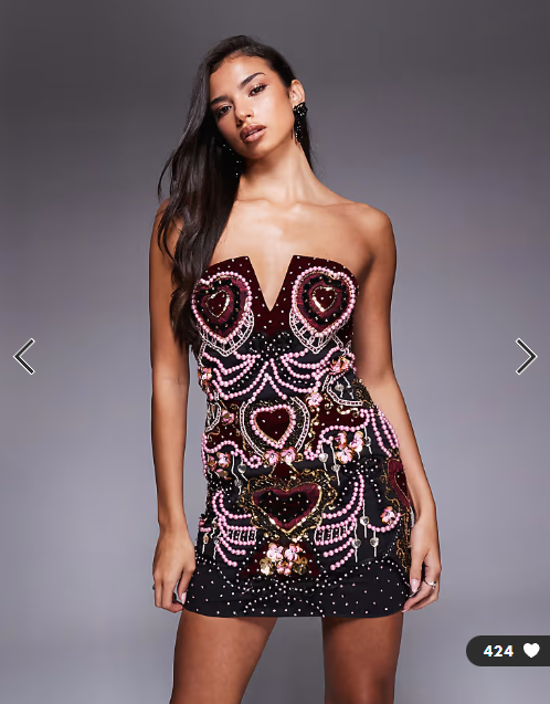 ASOS LUXE velvet heart embellished pearl trim mini dress with detachable straps