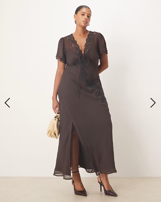 ASOS DESIGN Curve lace detail tie front midi dress in brown