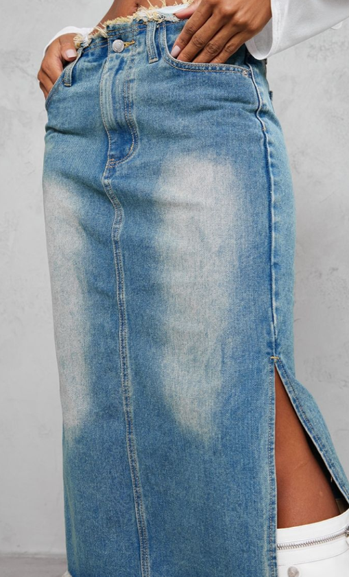 Vintage Wash Side Split Raw Hem Denim Midi Skirt