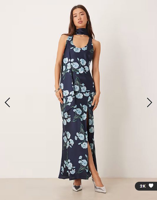ASOS DESIGN sleeveless satin maxi dress with scarf detail in blue floral print