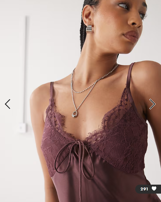Reclaimed Vintage lingerie tea top with lace trims in plum brown