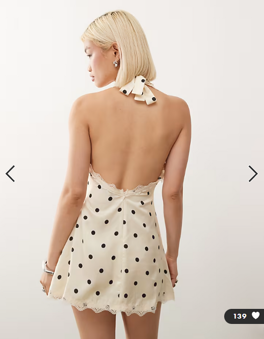 Lioness Stars Align halterneck lace trim open back satin mini dress in cream and black polka
