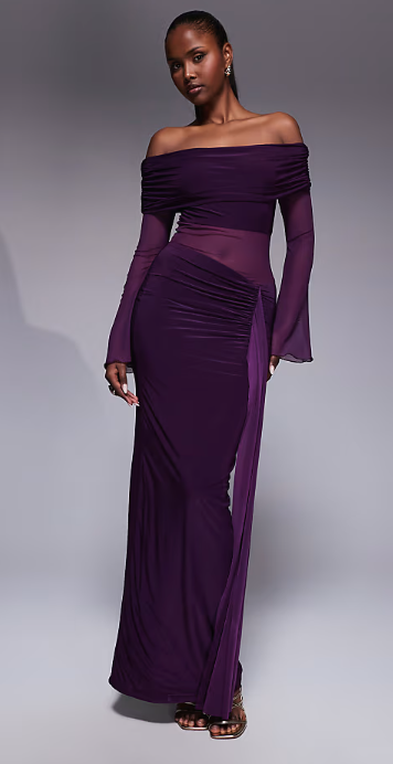Asos - Kaiia exclusive double layered slinky foldover bardot sheer panel ruched skirt maxi dress in plum