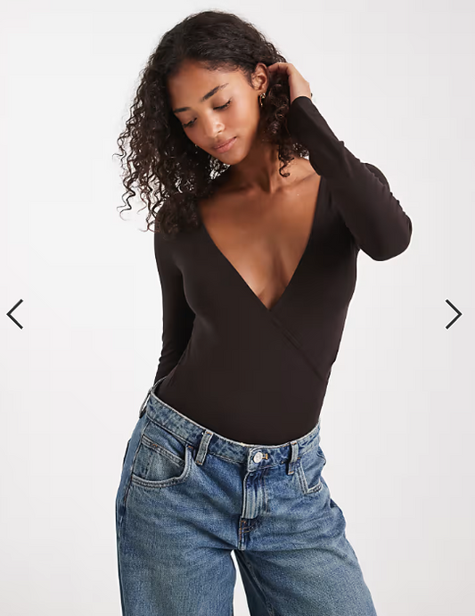 Miss Selfridge wrap long sleeve bodysuit in chocolate