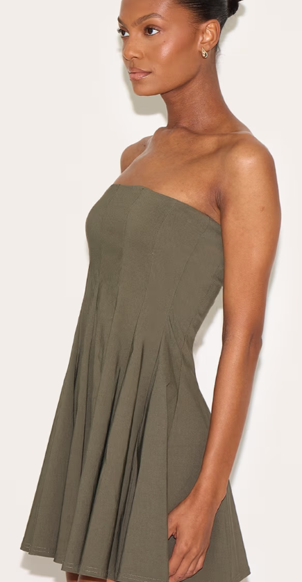 Plt - Khaki Stretch Woven Bandeau Pleated Shift Dress