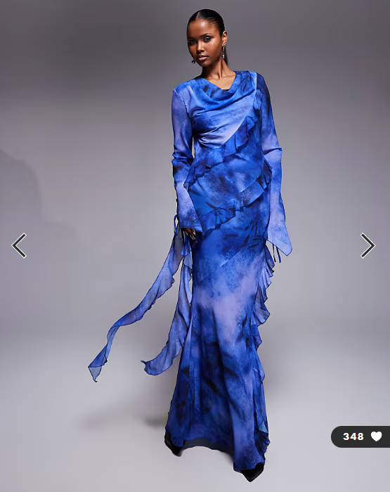 Daska chiffon high cowl neck frill detail maxi dress in cobalt abstract print