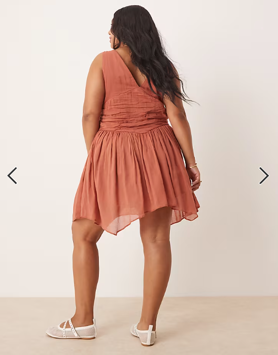 ASOS DESIGN Curve v neck mini dress with hanky hem in terracotta