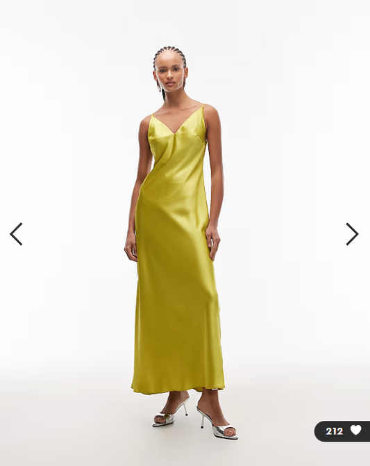 ASOS DESIGN v neck cami satin slip midi dress in chartreuse