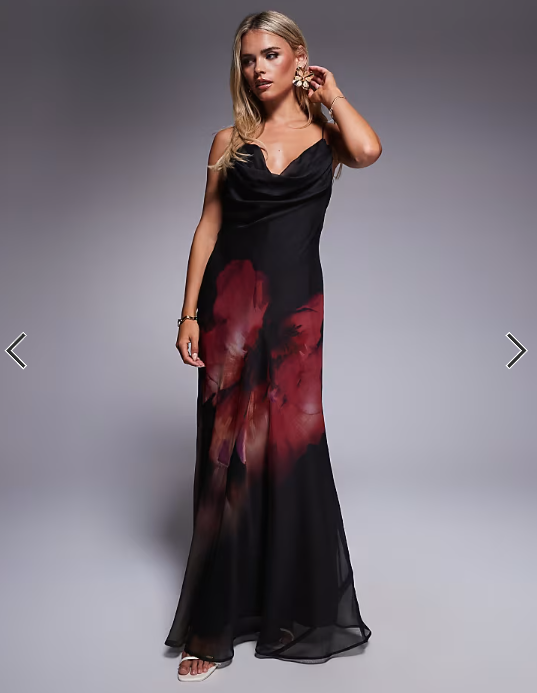 ASOS DESIGN Petite cowl neck plunge maxi dress with back detail in pink placement floral print