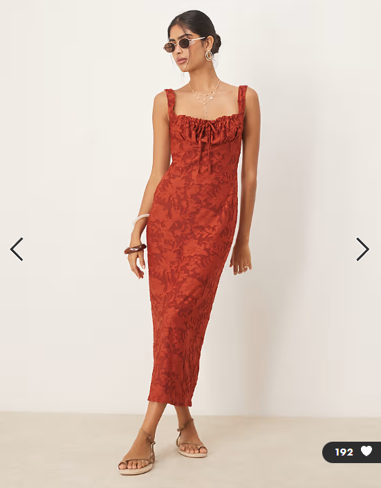 ASOS DESIGN ruched bust corset detail midi dress in rust burnout