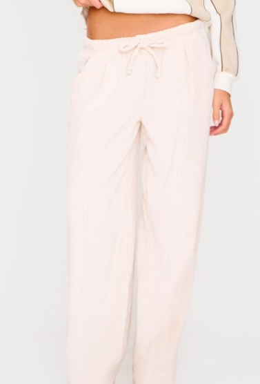 Cream Cord Low Rise Drawstring Wide Leg Trousers