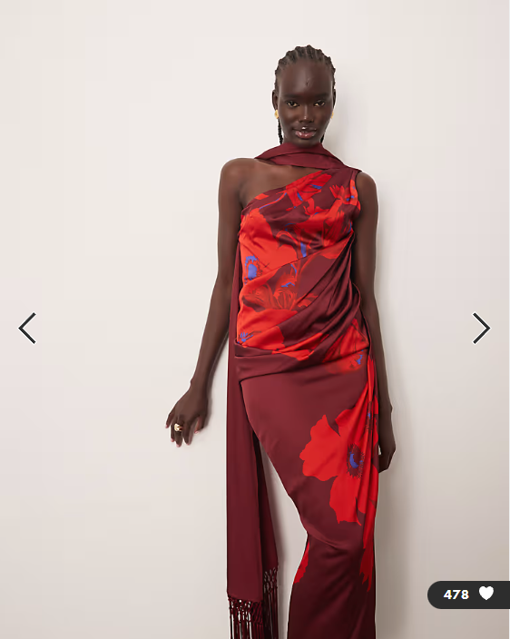 ARRANGE scarf neck draped midi dress with low back in large bloom floral