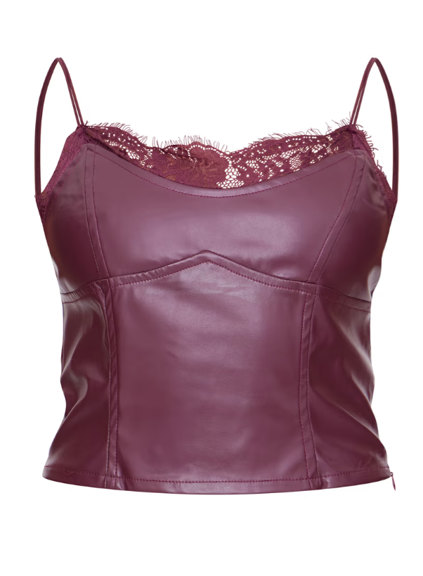 Plt - Burgundy Matte Faux Leather Lace Trim Cami Top