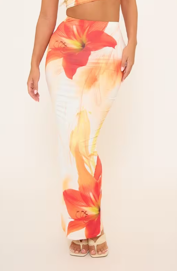 Ego - Mid Waist Maxi Skirt In Orange Floral Print