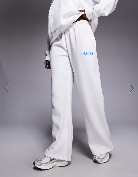 Kaiia cotton rich embroidered logo wide leg sweatpants in white and blue