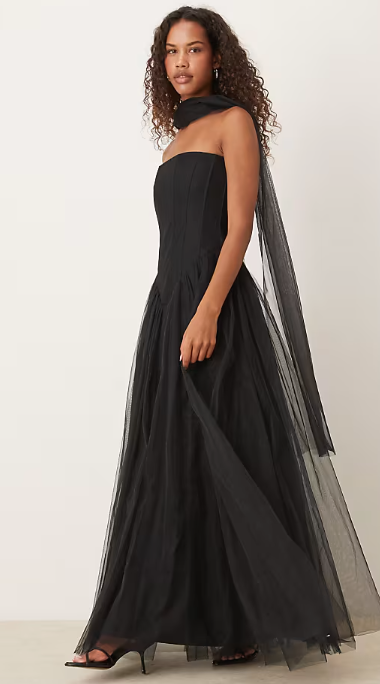 Asos - Lace & Beads strapless drop hem corset maxi with neck scarf in black