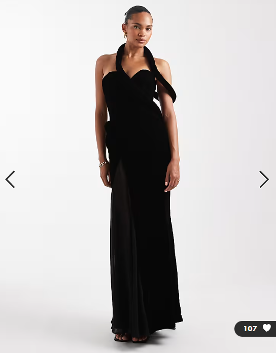 ASOS DESIGN padded neckline velvet maxi dress with sheer godet panels and train in black