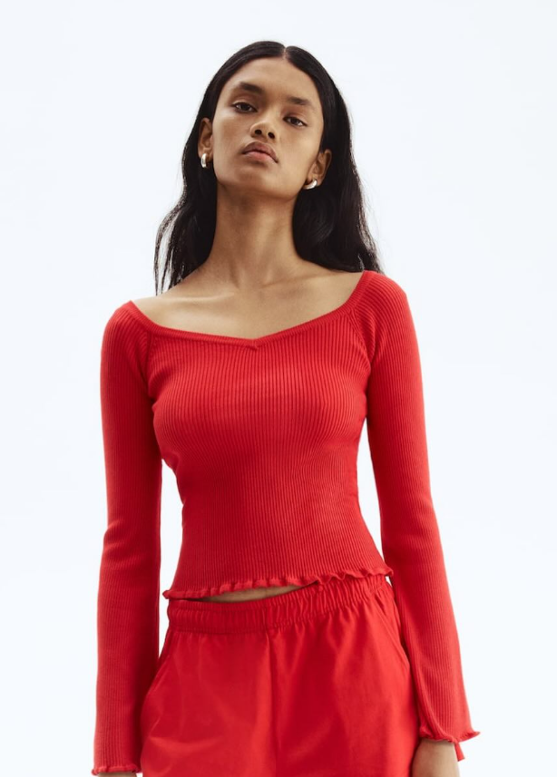 H&M-RIB-KNIT OFF-THE-SHOULDER TOP