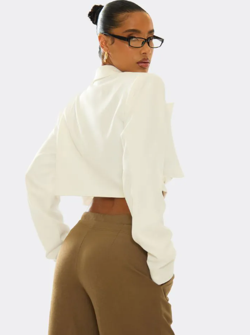 Long Sleeve Oversized Wrap Cropped Blazer In Cream