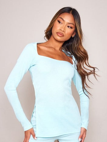 Sky Blue Ottoman Ribbed Long Sleeve Top