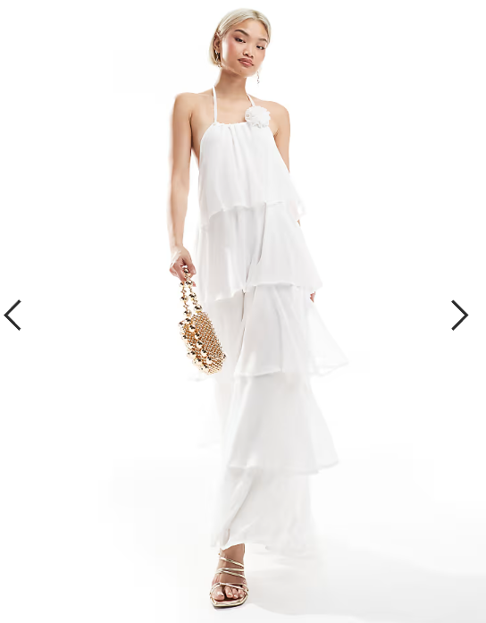 Pieces ruffle tiered maxi dress with corsage detail in white