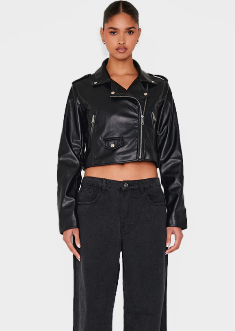 Black Basic Faux Leather Pocket Detail Biker Jacket