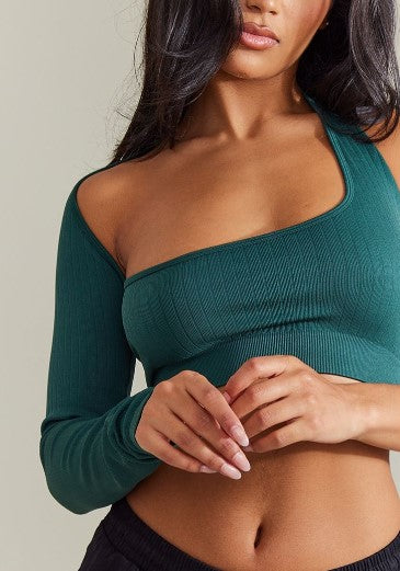 FOREST GREEN WIDE CONTOUR RIB ASYMMETRIC CROP TOP