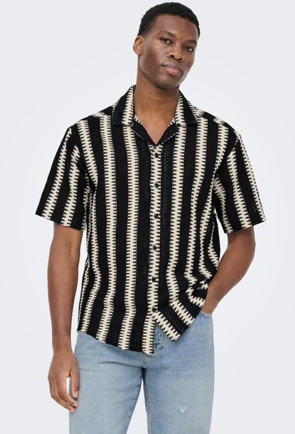 ONSDANI CROCHET SS SHIRT NOOS - Shirt - black stripes/cloud dancer