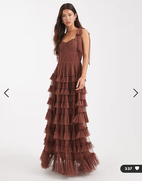 Lace & Beads Ophelia tulle bow shoulder tiered maxi dress in rose brown