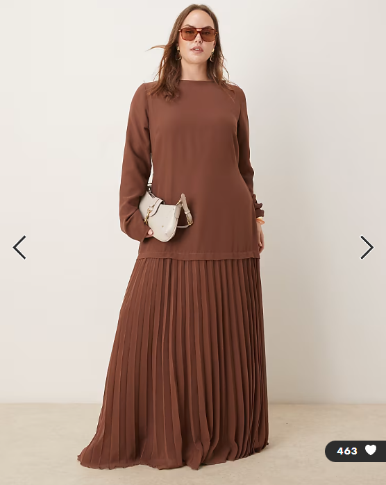 ASOS DESIGN Curve long sleeved pleated skirt maxi dress in chocolate