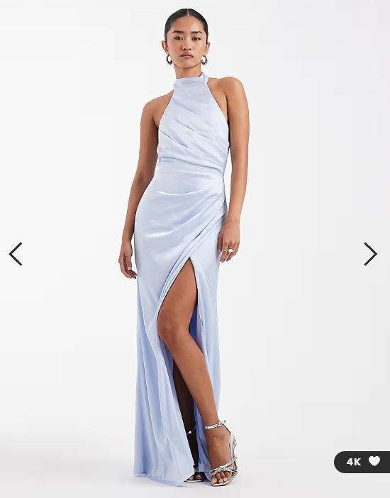 TFNC Bridesmaid satin halter neck pleat detail maxi dress in blue